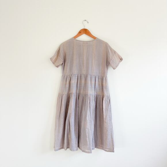 Pink Chicken Tiered V-Neck Neutral Metallic Striped Mini Dress, Size Small - Picture 2 of 11